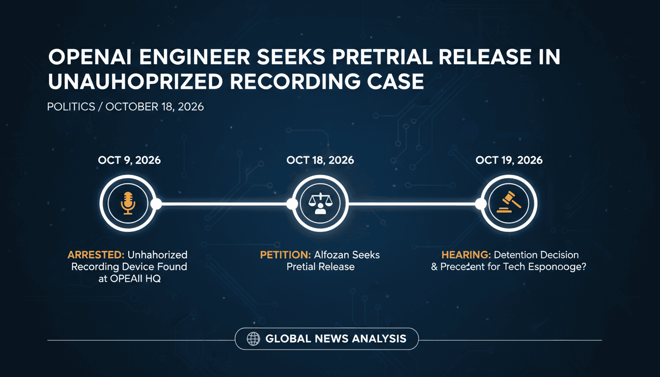 A timeline graphic showing the key events in the Abdulrahman Alfozan case involving unauthorized recording at OpenAI.