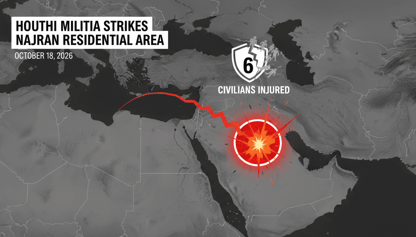 Infographic detailing the Houthi attack in Najran, showing civilian injuries and location.