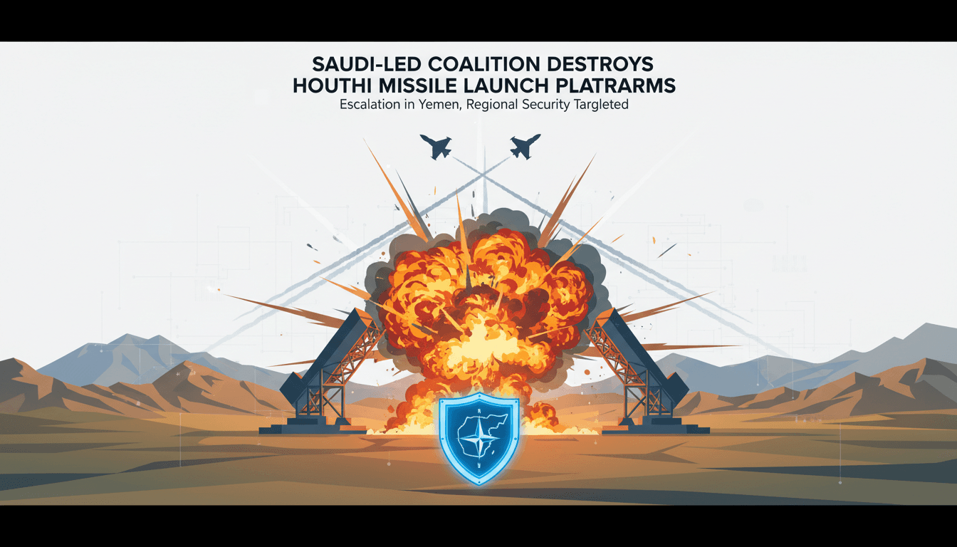 Graphic showing the destruction of missile launch platforms in Yemen by the Saudi-led Coalition, highlighting military operations and regional security.