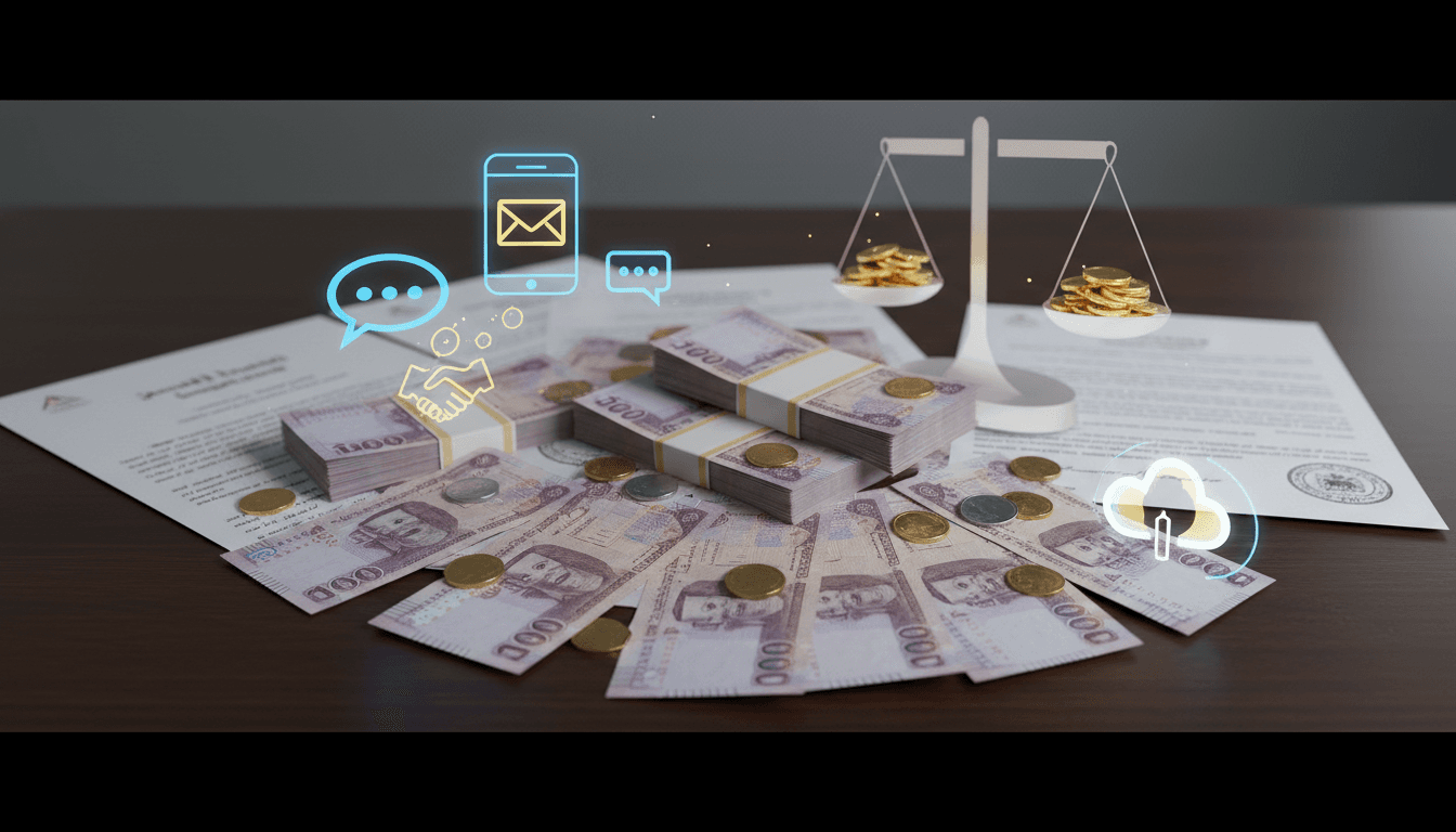 A visual representation of the 1.09 million dirhams in cash alongside legal documents and digital communication symbols.