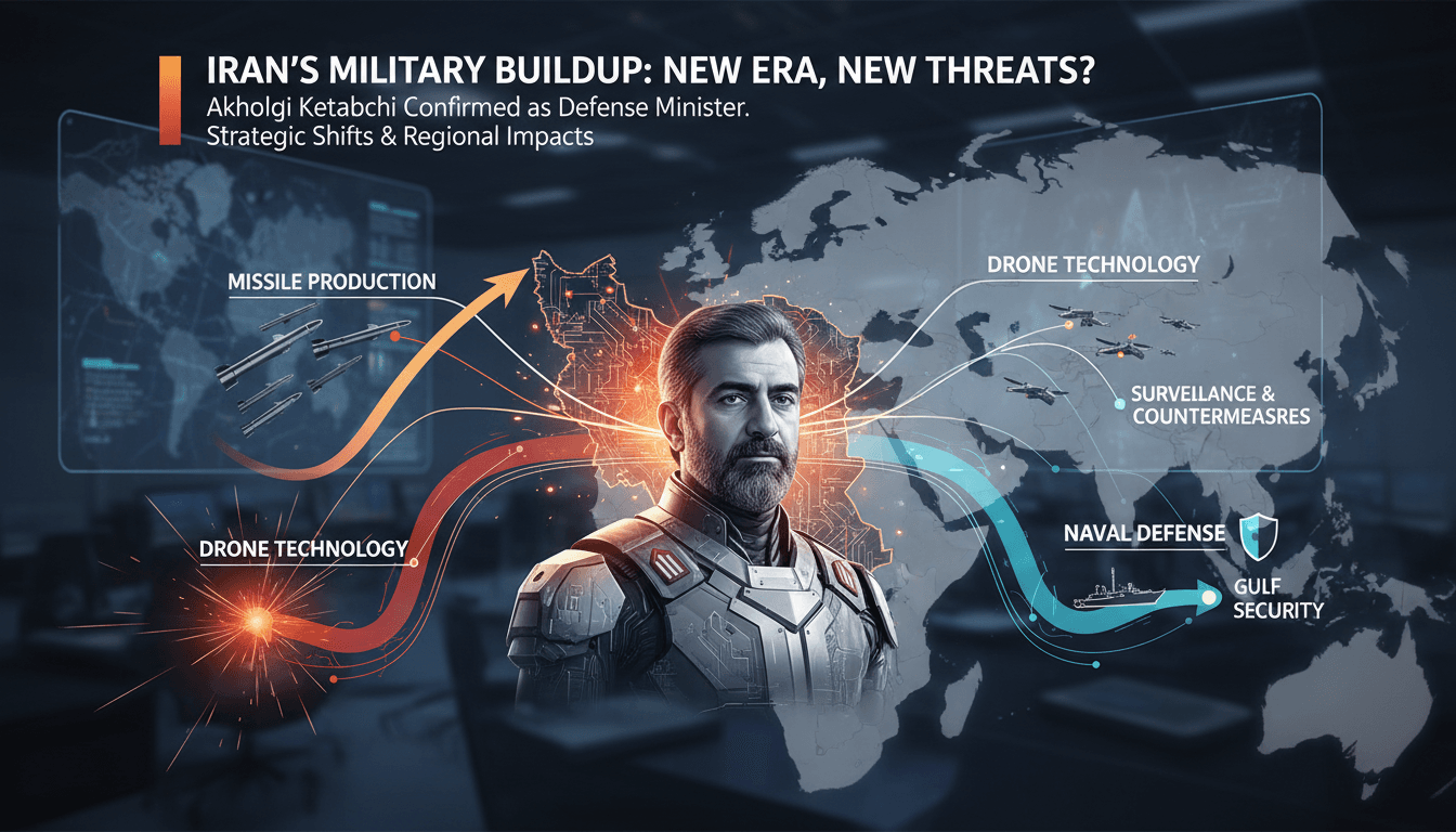 An infographic showing Iran's military capabilities and the implications of Mehrdad Akhlaqi Ketabchi's appointment as defense minister.