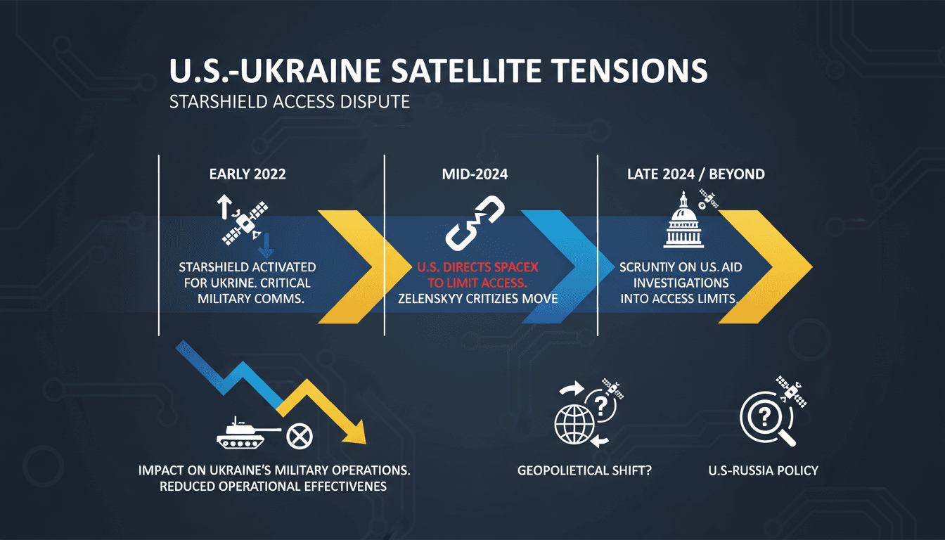 Infographic illustrating the U.S.-Ukraine Starshield satellite access dispute and its military implications.