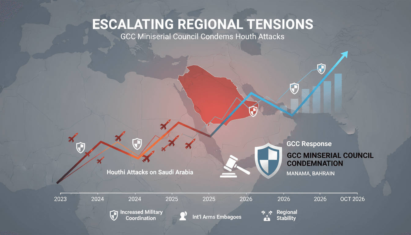 Infographic showing GCC's response to Houthi attacks on Saudi Arabia and implications for regional security.