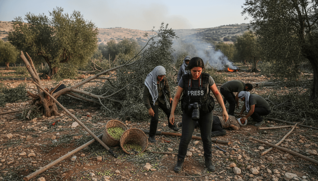 Image depicting the aftermath of the olive grove attack in the West Bank, highlighting the violence against farmers.