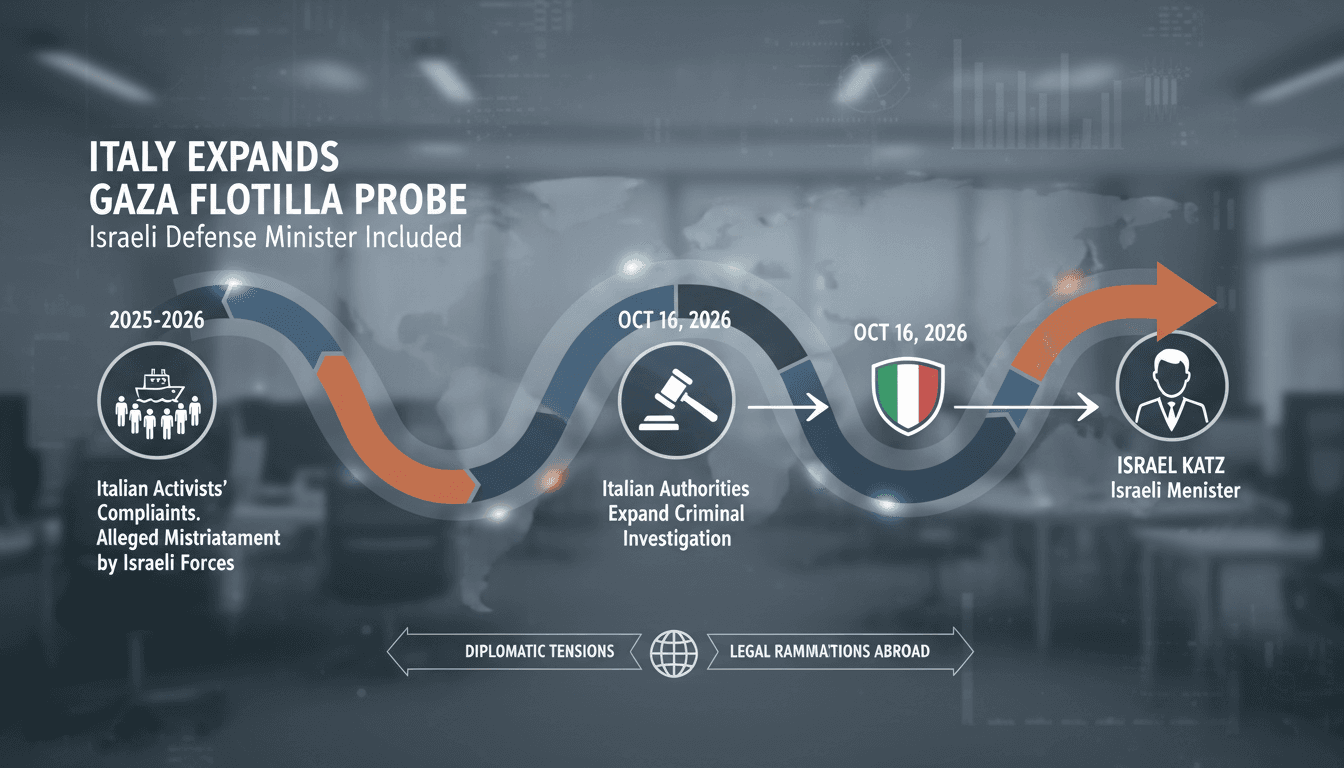 Infographic detailing the expansion of Italy's criminal investigation into Defense Minister Israel Katz regarding Gaza flotilla activists.