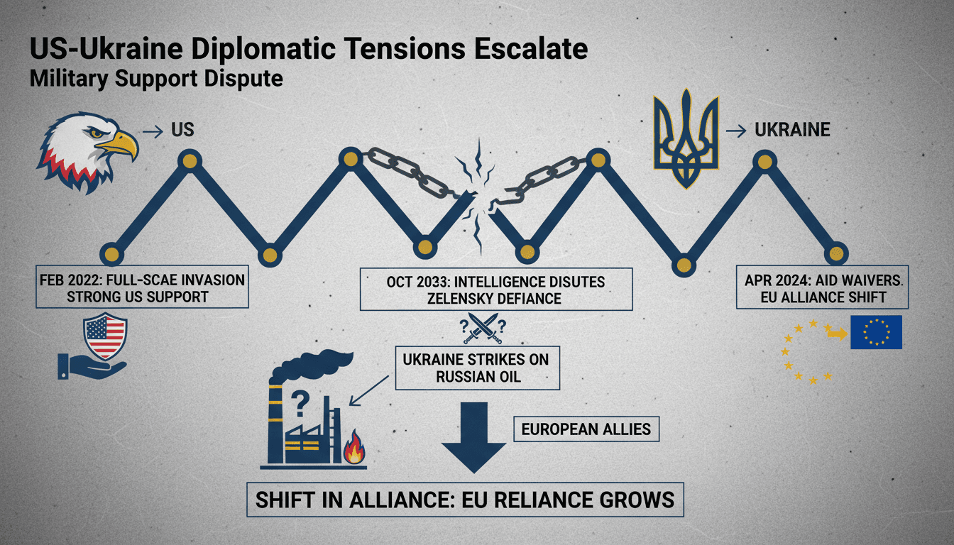 A graphic showing the timeline of US-Ukraine diplomatic tensions and military support issues.