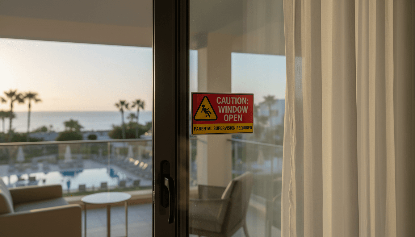 A hotel window with a caution sign, illustrating the importance of child safety in unfamiliar environments.
