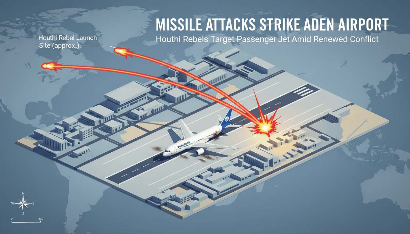 A map showing missile trajectory towards Aden International Airport during Houthi attacks.