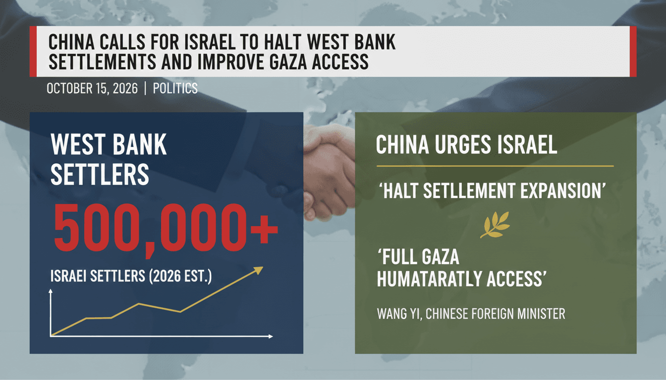 Chinese Foreign Minister Wang Yi speaking at a summit, addressing West Bank settlement issues and Gaza humanitarian access.
