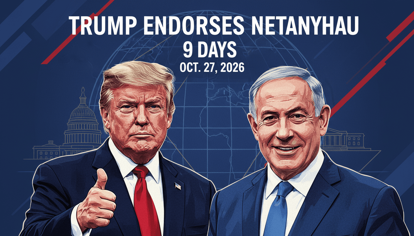 Trump endorsing Netanyahu with a countdown to the Israeli elections, highlighting international relations.