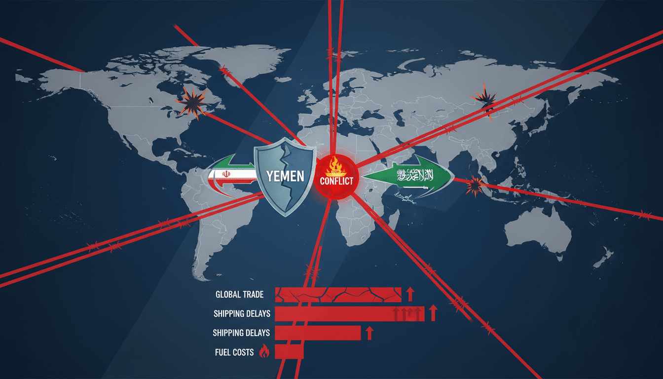 Infographic illustrating the impact of the Yemen conflict on global shipping routes and trade logistics.