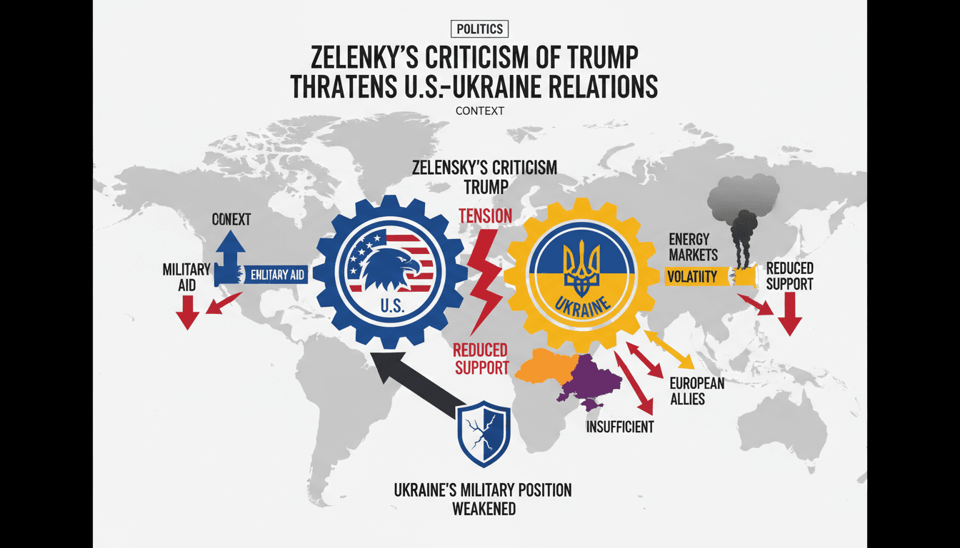 Infographic illustrating the impact of Zelensky's criticisms of Trump on U.S. support for Ukraine and global energy markets.