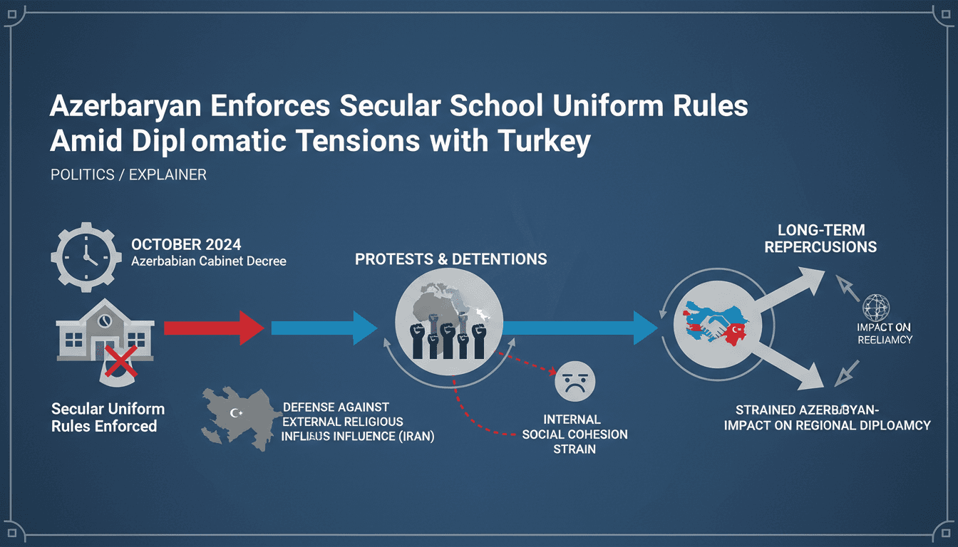 Infographic showing Azerbaijan's school uniform rules and the resulting diplomatic tensions with Turkey.