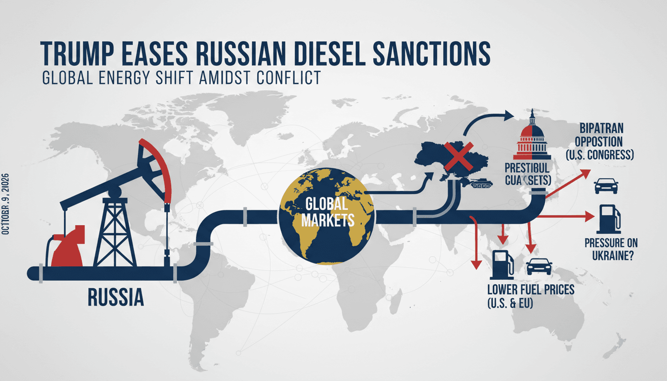 Infographic illustrating the impact of eased Russian diesel sanctions on global energy prices and U.S. consumers.