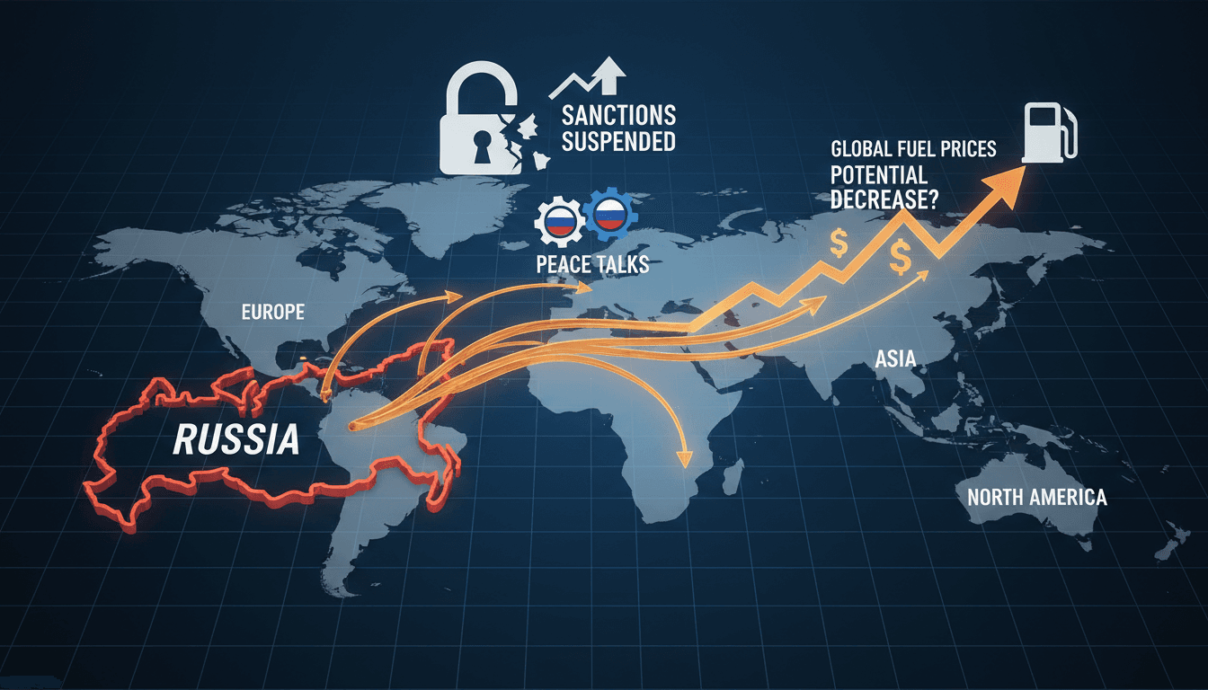 Infographic showing the impact of Trump's suspension of Russia sanctions on global energy markets and fuel prices.