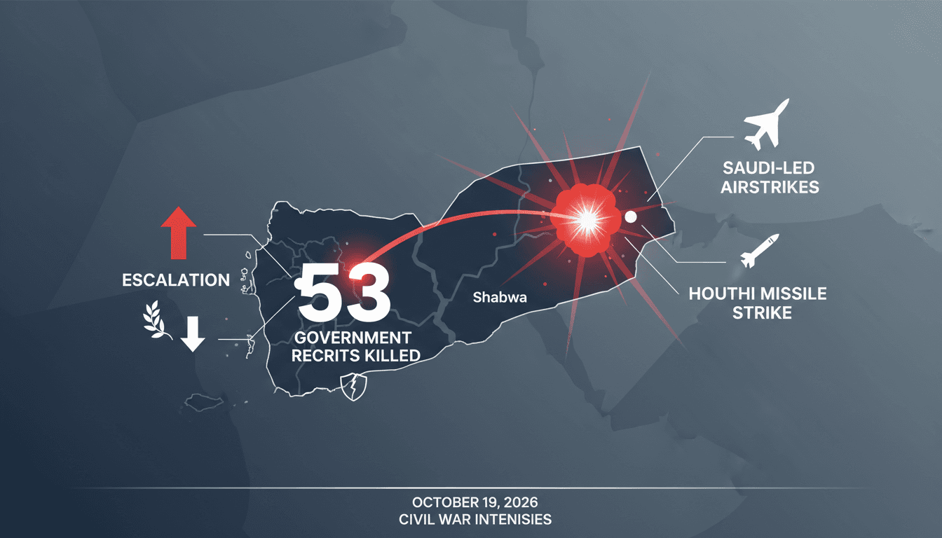 Infographic detailing the Houthi missile strike on Yemeni recruits, highlighting casualties and regional conflict dynamics.