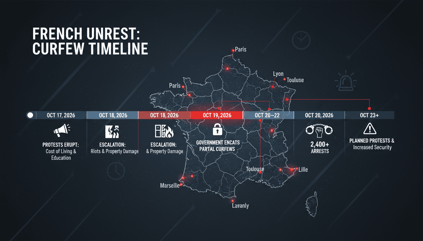 A visual representation of the protests in France, highlighting curfews and arrests.