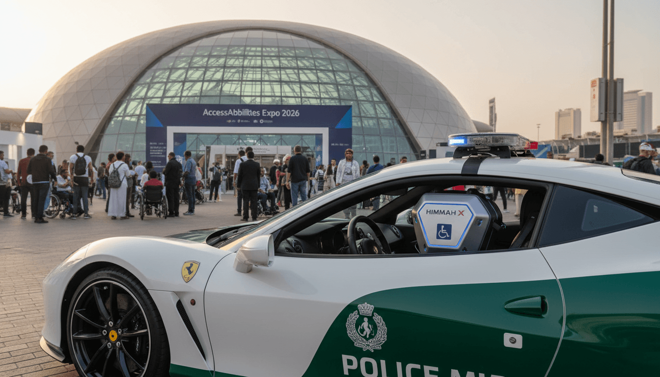 A Ferrari patrol car with the Himmah X smart bag, showcasing Dubai's commitment to accessibility for all.