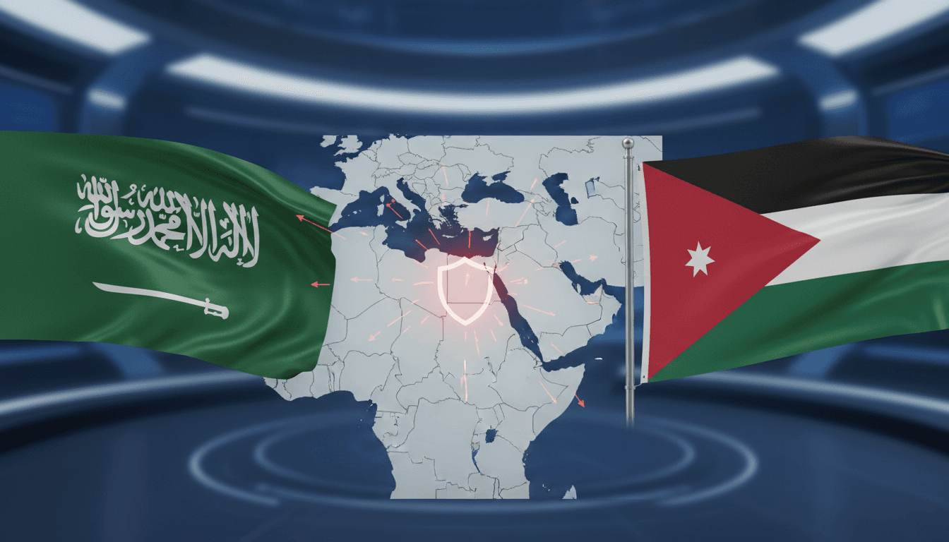 Flags of Saudi Arabia and Jordan with a map highlighting regional tensions and diplomatic discussions.