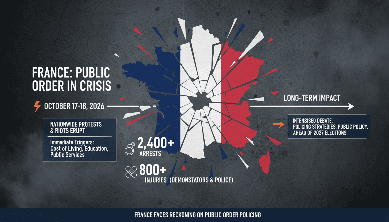 A visual representation of the protests in France, highlighting key statistics on arrests and injuries during the unrest.