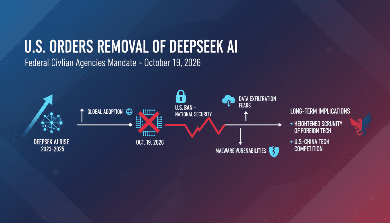 Infographic showing the timeline of DeepSeek AI's rise and the U.S. ban, highlighting key dates and implications.