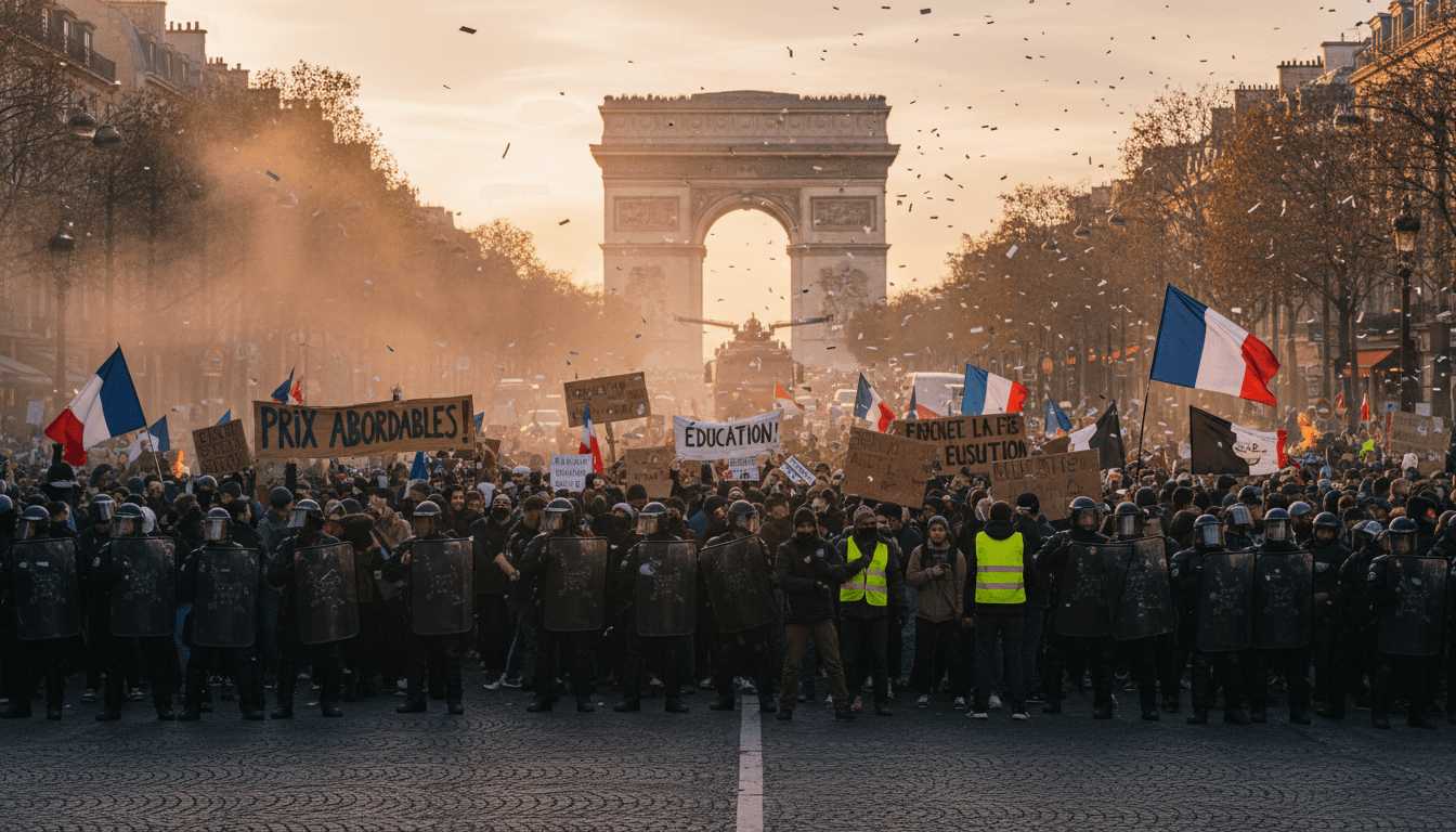 A dramatic scene of protests in France, illustrating the scale of civil unrest and public dissent.