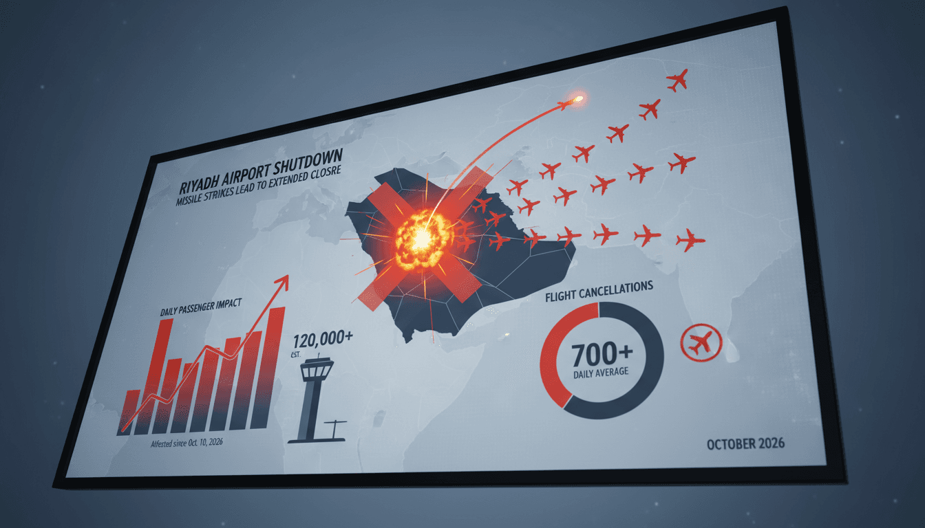 A visual representation of the impact of Houthi missile strikes on Riyadh's King Khalid International Airport, highlighting travel disruptions.