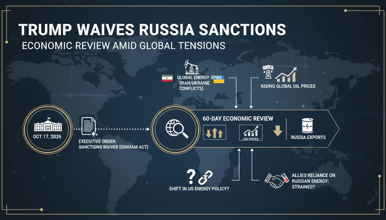 Infographic detailing Trump's waiver of Russia sanctions and its potential economic impacts.