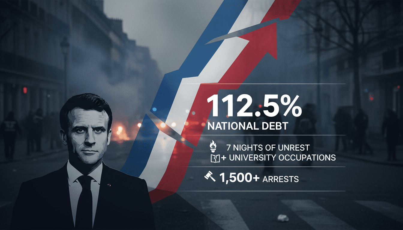 Infographic showing Macron's national debt percentage and statistics from recent French riots.