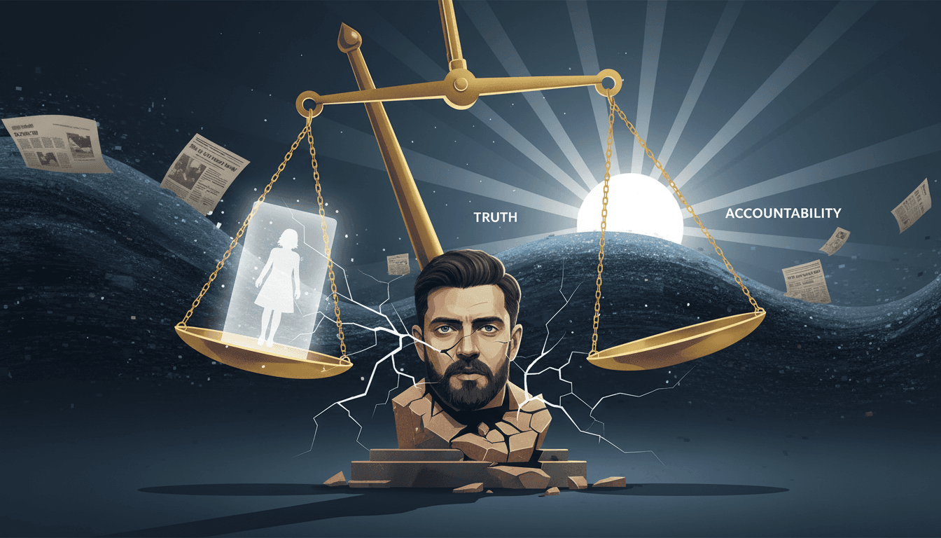 A graphic depicting the cultural shift towards accountability in celebrity culture, focusing on the Russell Brand trial.