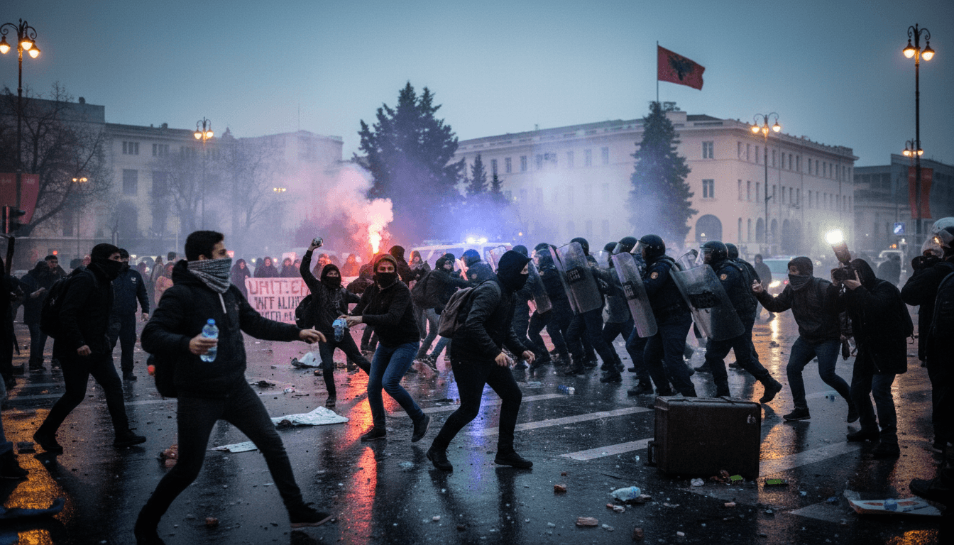 Students clashing with police in Tirana during antigovernment protests, highlighting the unrest in Albania.