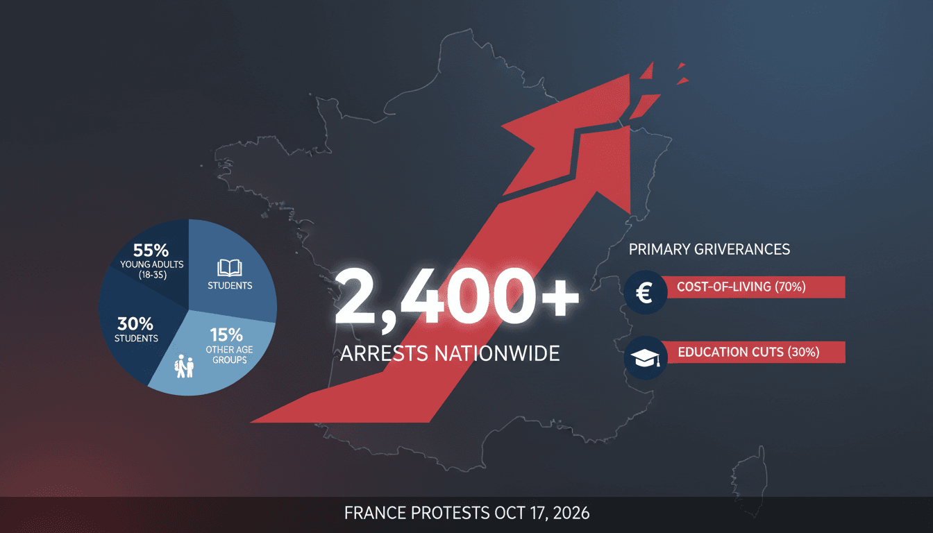Infographic detailing the demographics and number of arrests during the October 2026 protests in France.