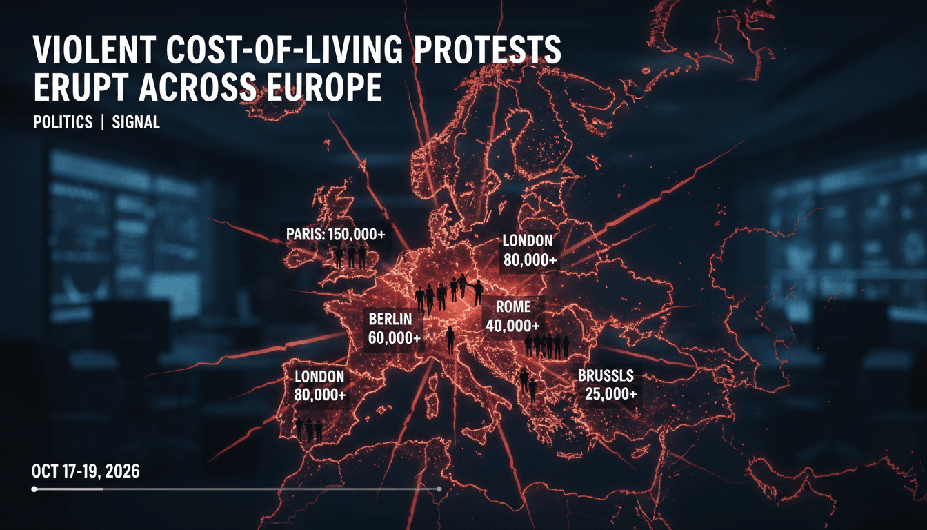 A map showing the spread of cost-of-living protests across Europe, highlighting key cities and participant numbers.