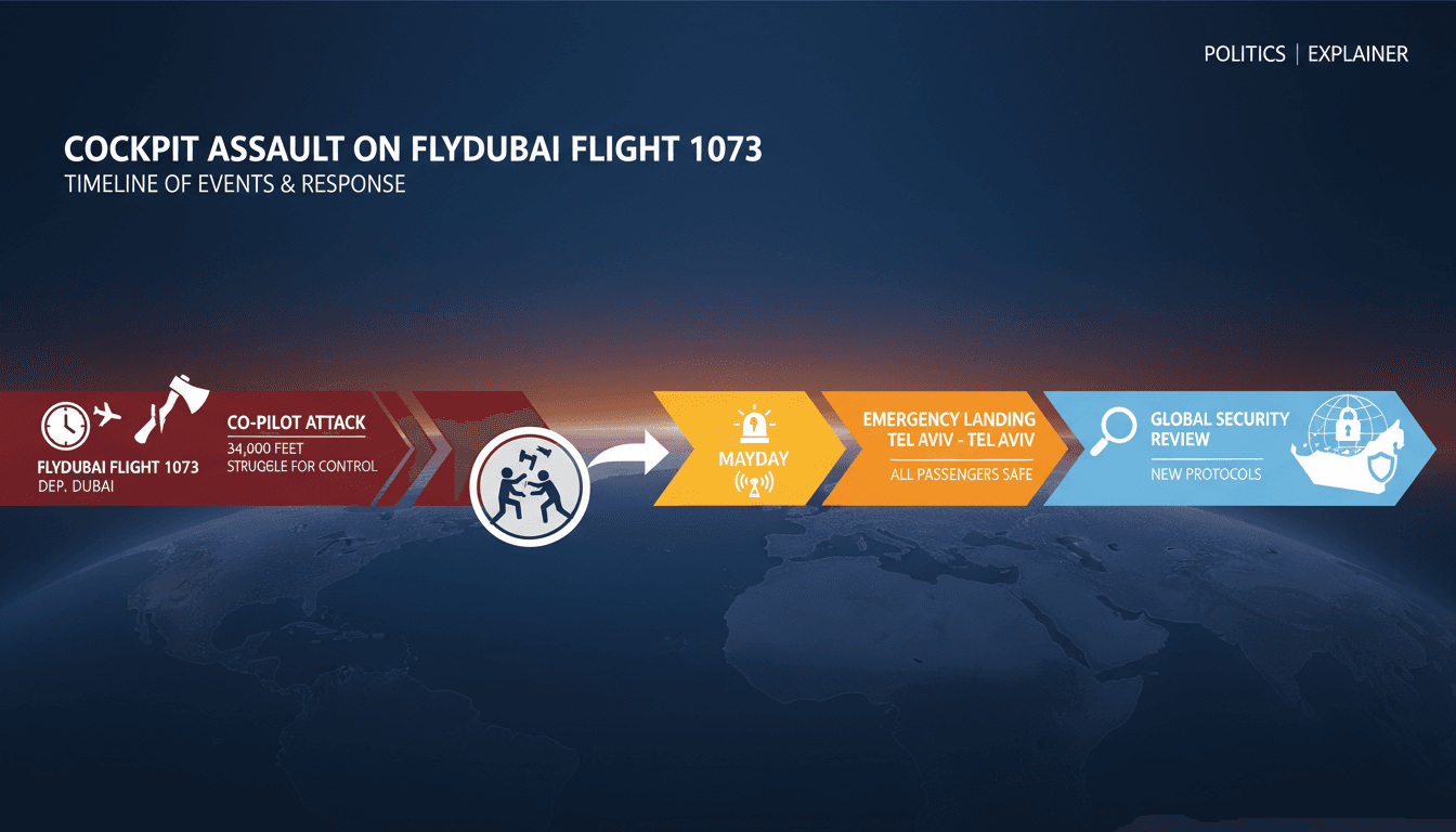 Infographic detailing the timeline of the Flydubai Flight 1073 cockpit assault and emergency response.