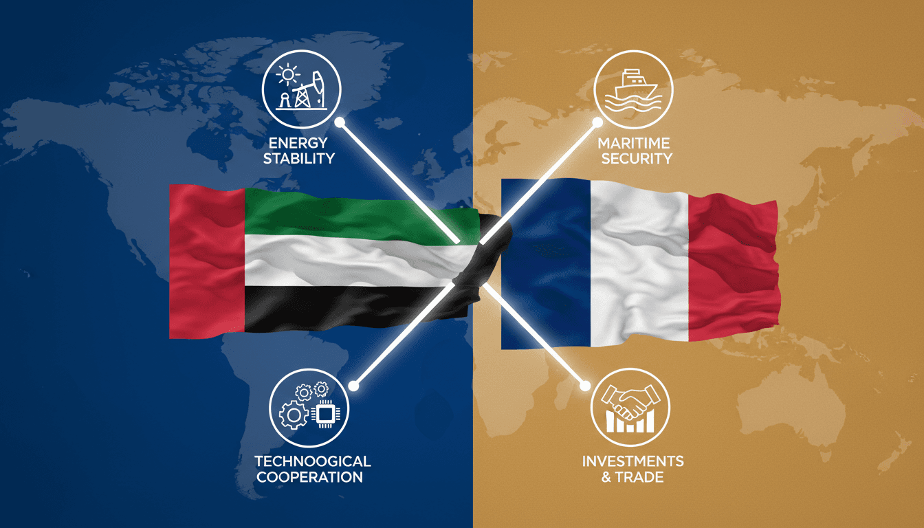 Flags of UAE and France with icons representing technology and investment sectors.