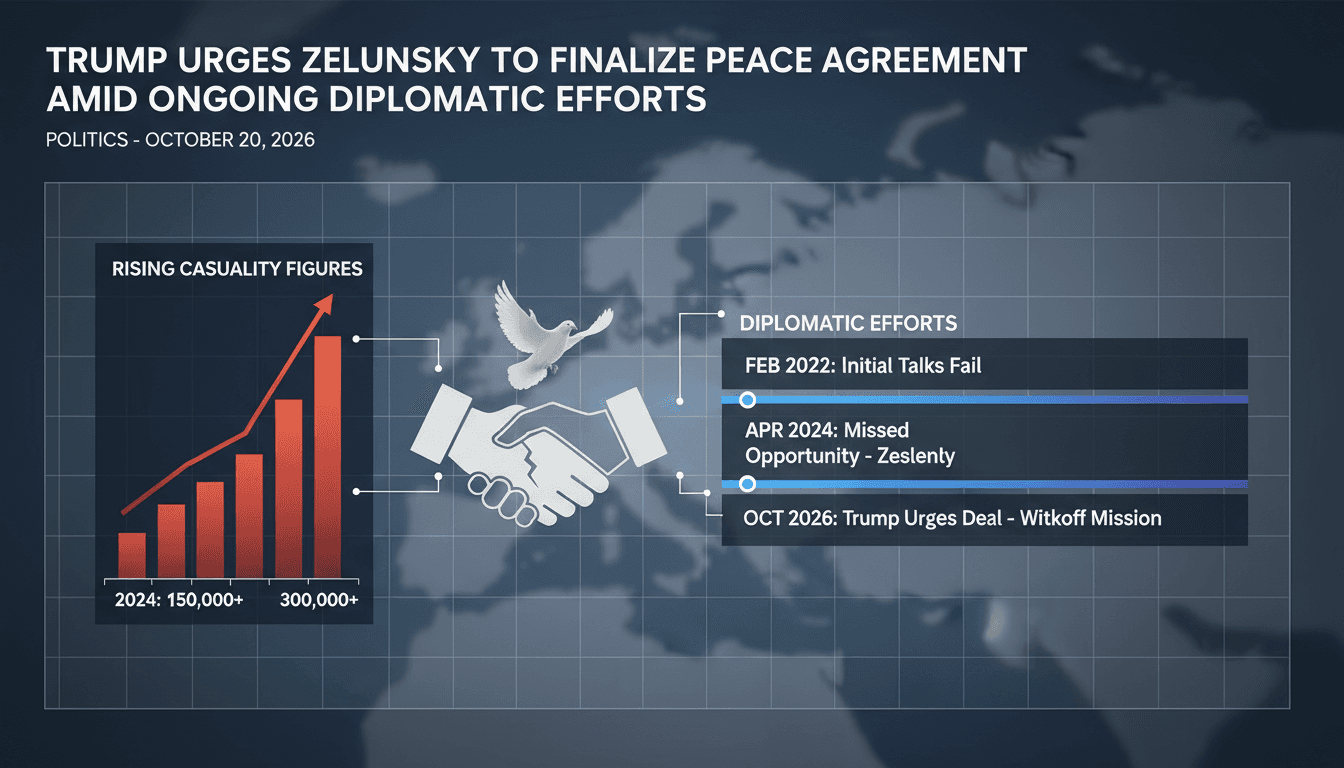 A graphic illustrating the urgency for a peace deal in Ukraine, featuring Trump and Zelensky.