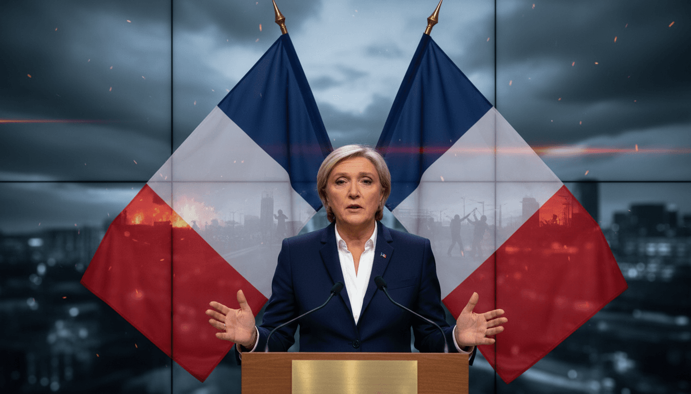 Marine Le Pen addressing the nation, symbolizing her rise amid political unrest in France.