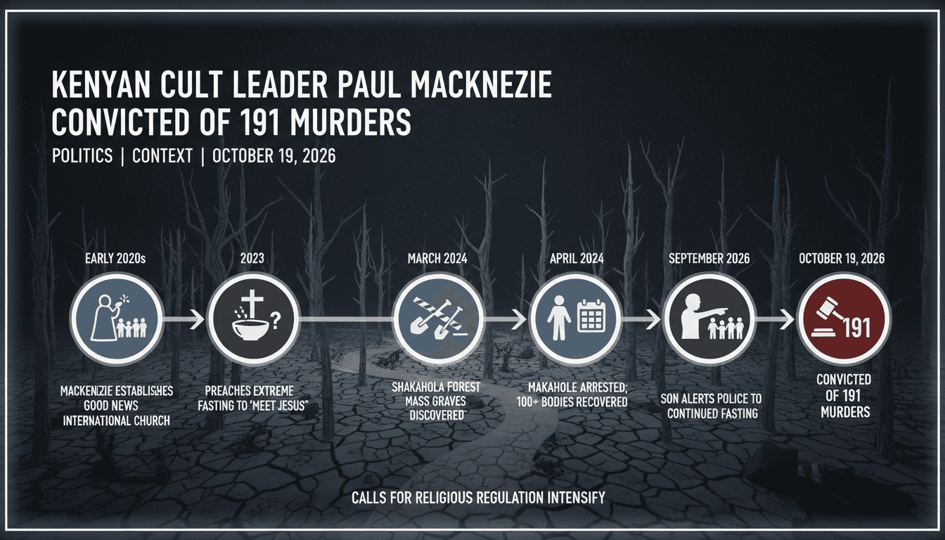 Infographic detailing the timeline of Paul Mackenzie's cult activities and the resulting convictions.