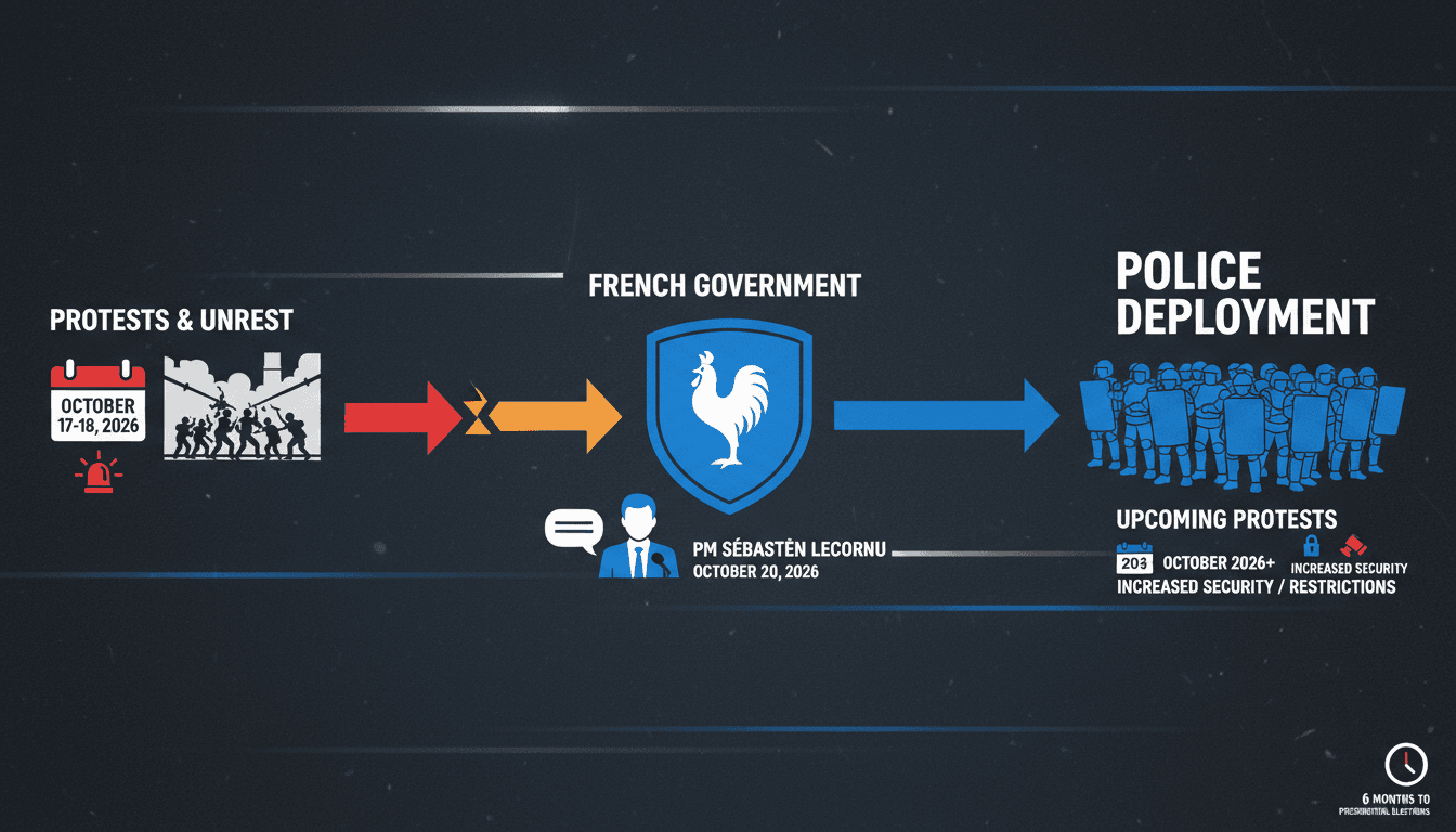 Infographic detailing the timeline of protests and police deployments in France.