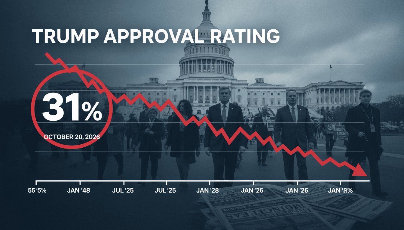 A graph showing Trump's declining approval rating, highlighting the record low of 31%.