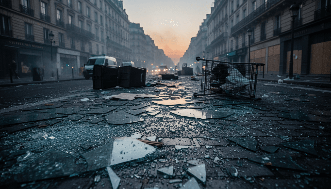 Shattered glass and debris on a Paris street, illustrating the economic unrest in France.