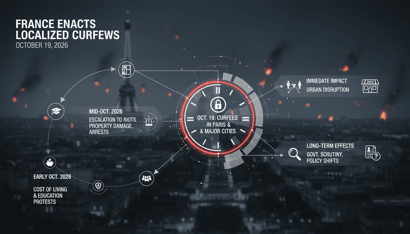 A visual representation of France's localized curfews and their impact on urban areas during protests.