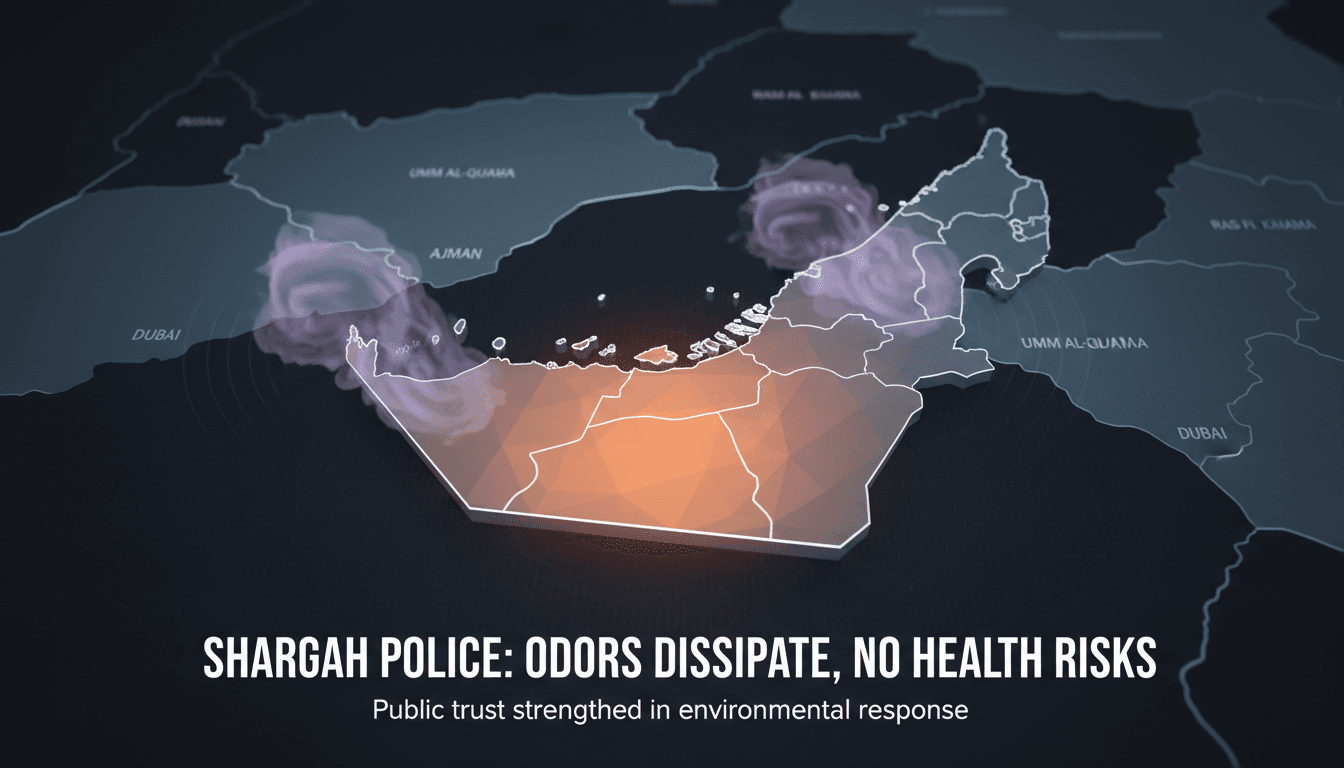 Map showing Sharjah and neighboring emirates with highlighted areas of reported odors.