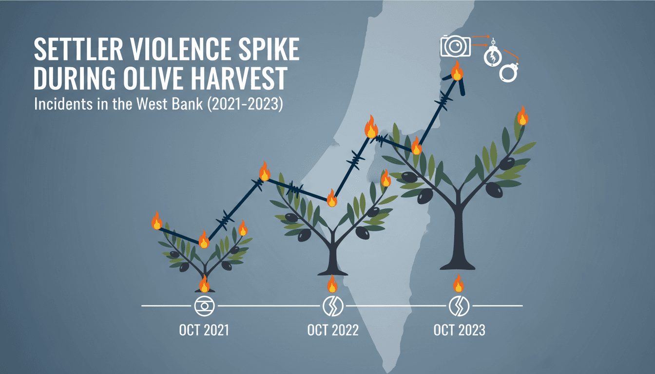 A visual representation of the rise in settler violence incidents during the olive harvest in the West Bank.