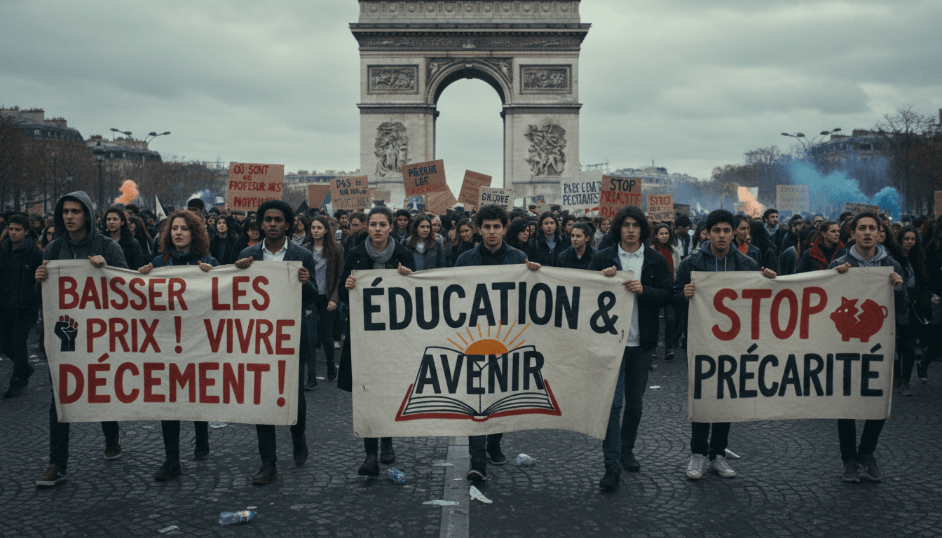 Students protesting in France, highlighting the unrest over education and living costs.