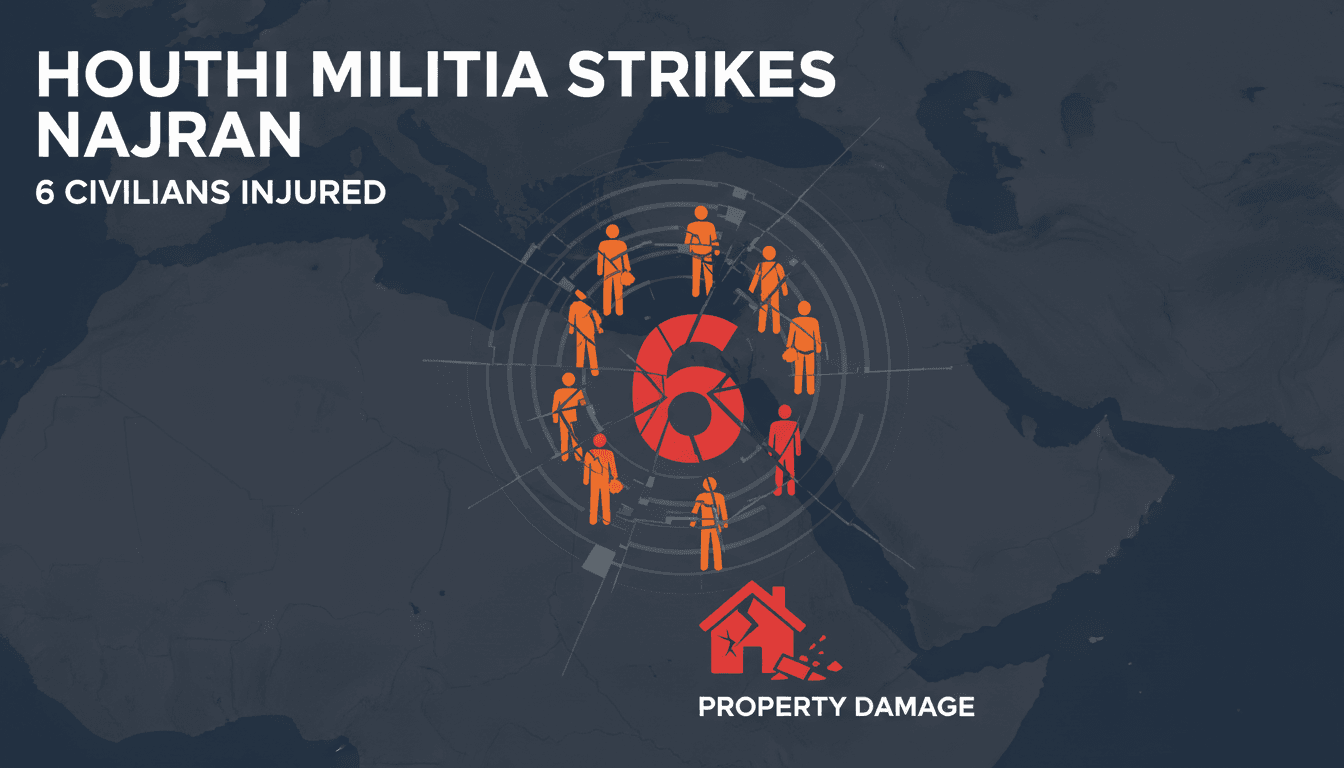 Infographic depicting the Houthi projectile attack in Najran, showing injuries and property damage.
