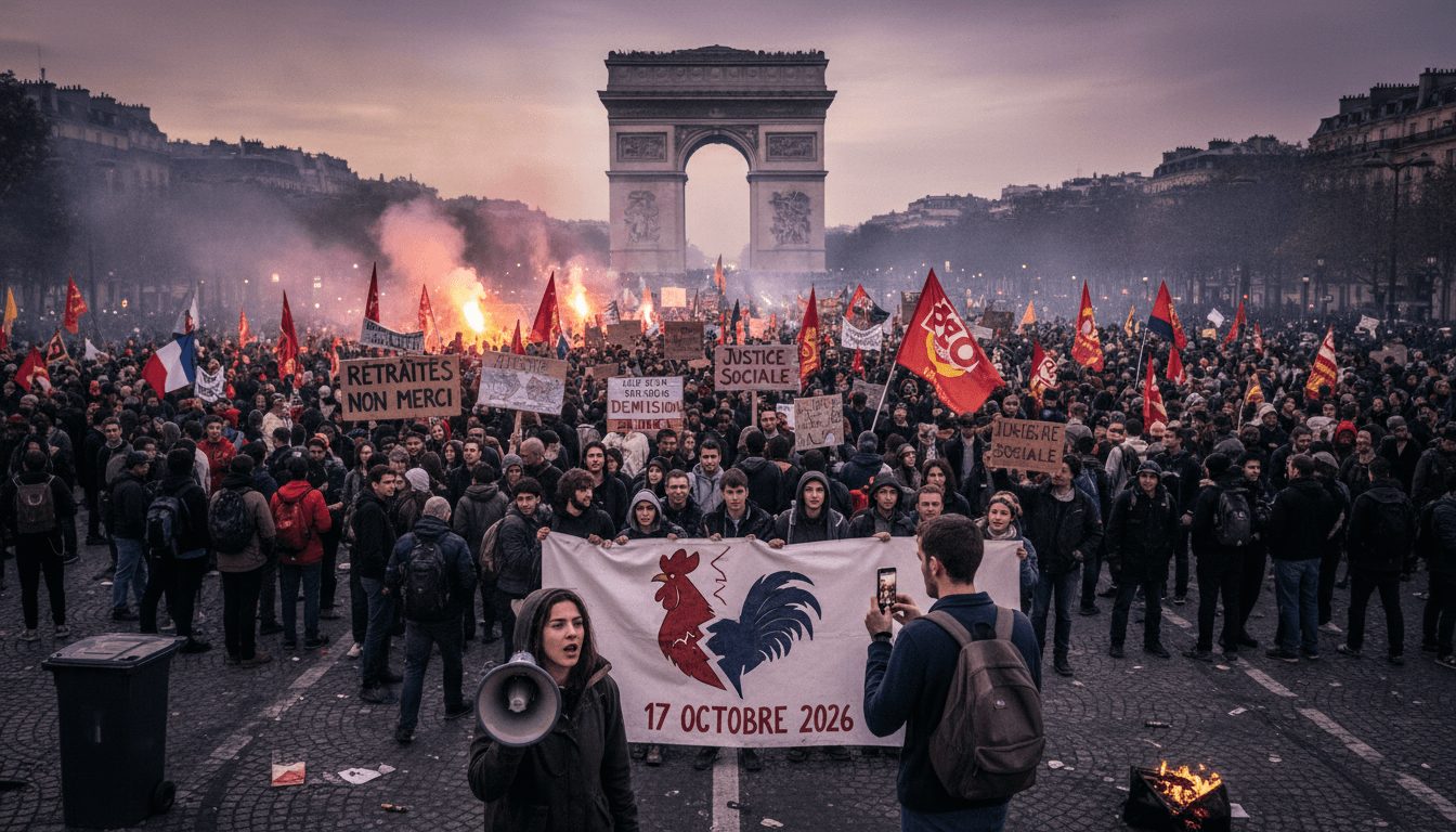 A vibrant protest scene in France, showcasing diverse participants demanding economic justice and reform.