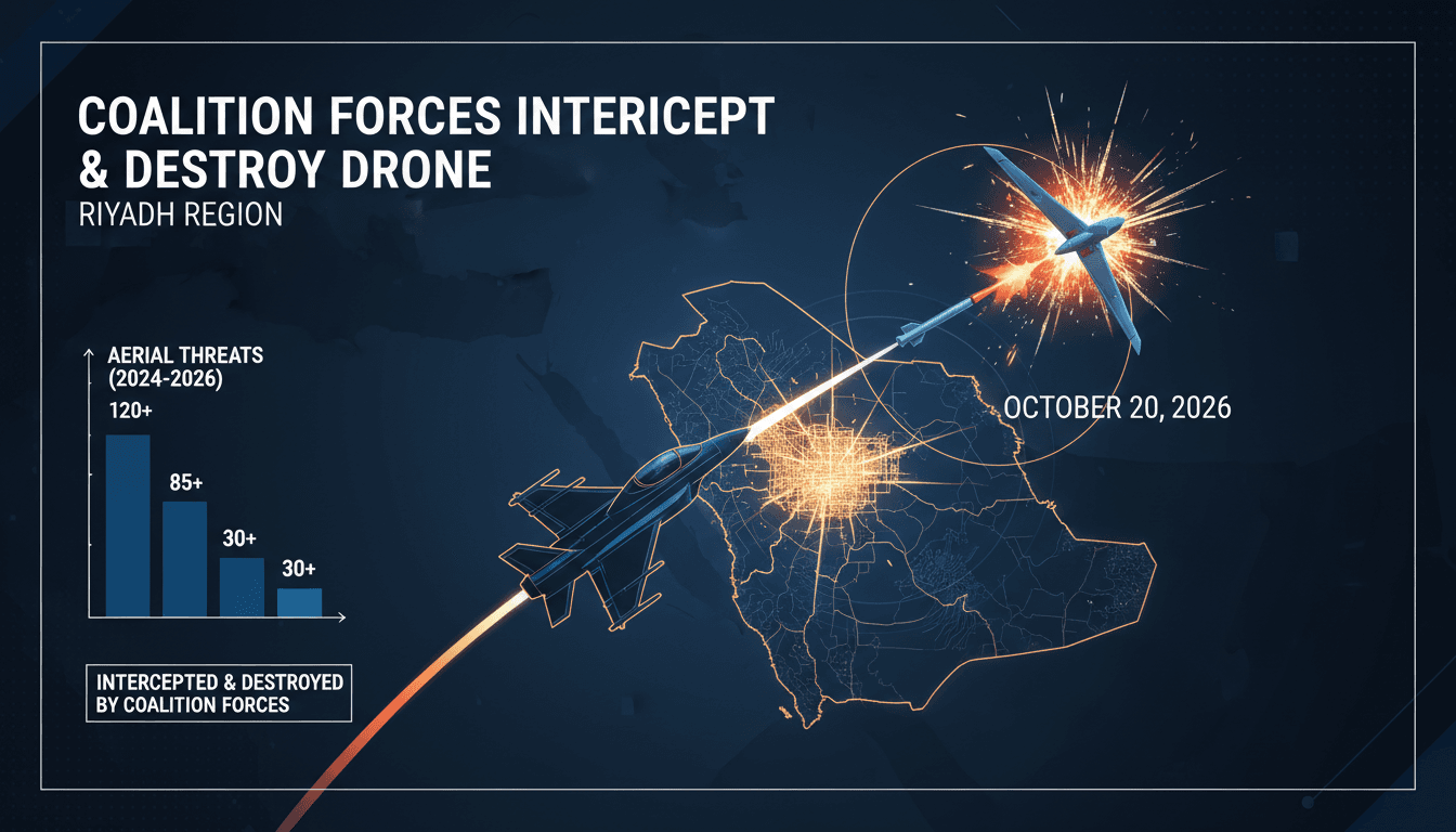 A drone interception in Riyadh, showcasing coalition forces' air defense efforts against Houthi threats.