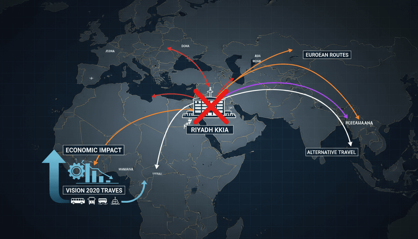 A visual representation of the impact of Houthi missile strikes on Riyadh's King Khalid International Airport and travel disruptions.