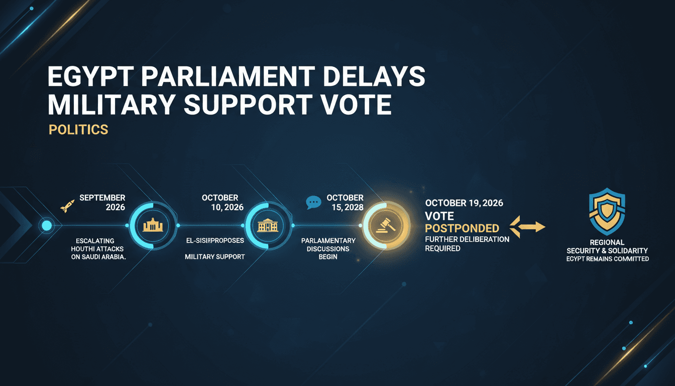 Infographic showing timeline of Egypt's military support vote postponement for Saudi Arabia.